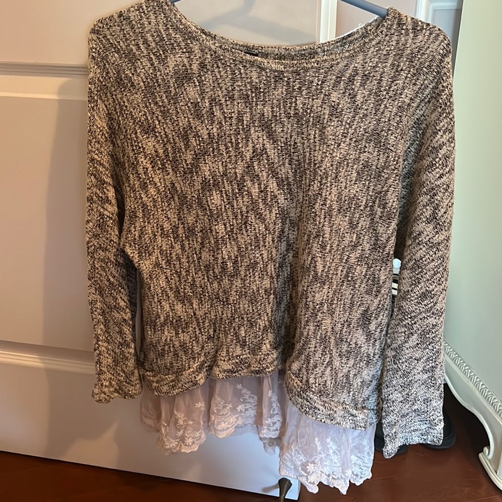 Beige grey and lace trimmed sweater